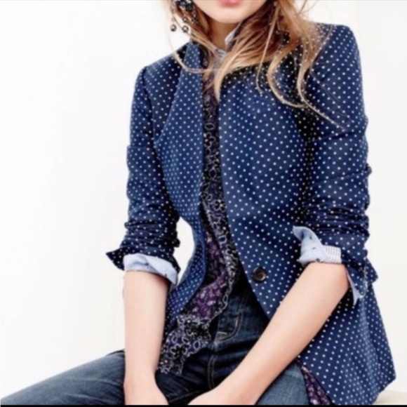 J. Crew Navy White Polka Dot Linen Regent Blazer Jacket Size 10